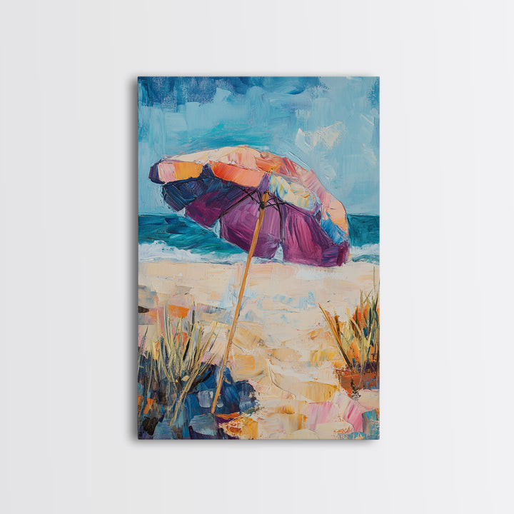 Beach Umbrella, Coastal Wall Art, Seascape Painting, Nautical Decor, Ocean Painting, Coastal Landscape Art, Framed Canvas Print