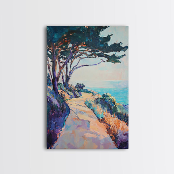Ocean Cliff Path, coastal landscape art, pine tree art, rustic wall art, blue and green wall art, framed canvas, above bed wall art