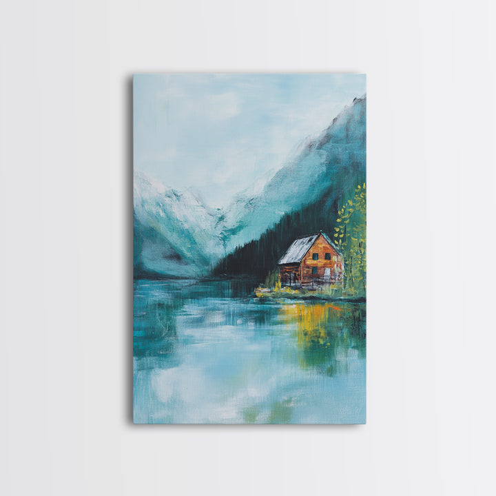 Cabin by Lake, lake Tahoe art, mountain painting, rustic wall art, bedroom art, nature wall art, framed canvas print, home decor