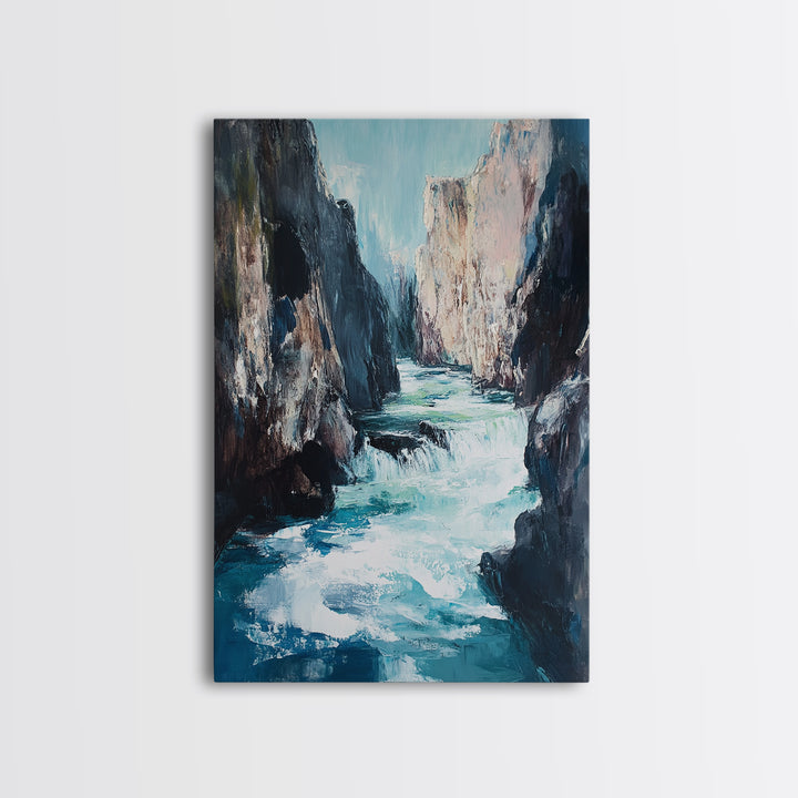 Rocky Waterfall, Moody Landscape, Canvas Print, Nature Painting, Rustic Decor, Adventure Art, Southwest Wall Art, Tall Narrow Art