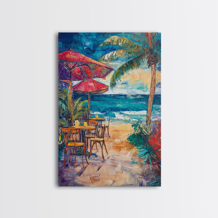 Beach Café, Coastal Landscape Art, Nautical Wall Art, Ocean Art, Seascape Painting, Coastal Decor, Canvas Print, Above Sofa Art