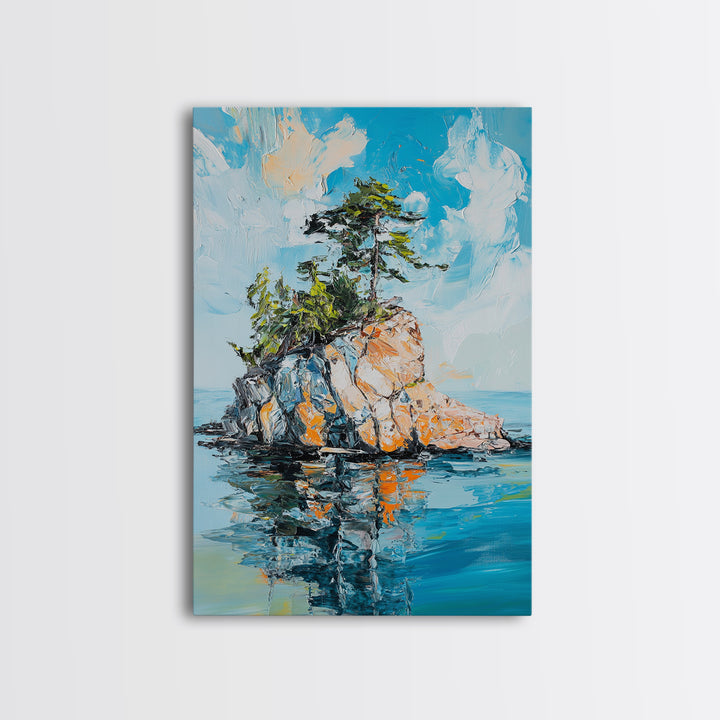 Rocky Island, Nature Painting, Canvas Print, Coastal Landscape Art, Ocean Wall Art, Nautical Decor, Living Room Art, Gift Idea