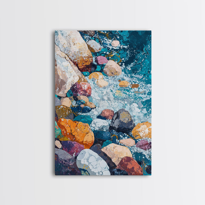 Pebble Beach, Ocean Painting, Canvas Print, Coastal Wall Art, Nautical Decor, Whimsical Art, Abstract Nature Art, Gift Idea