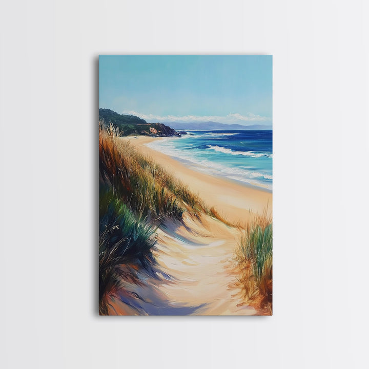 Coastal Sand Dunes Framed Canvas Print Serene Beach Painting, Ocean Landscape Wall Art, Relaxing Bedroom Decor, Nautical Home Style