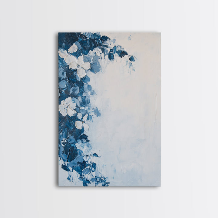 Blue Floral Framed Canvas Print Modern Botanical Wall Art, Minimalist Flower Painting, Elegant Bedroom Decor, Contemporary Art Gift