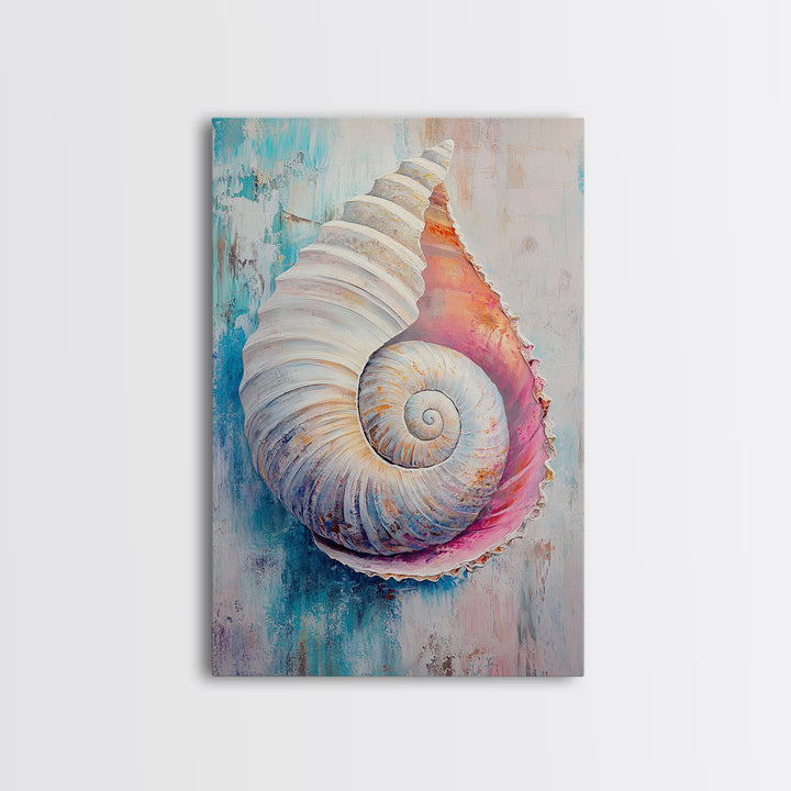 Nautical Shell Framed Canvas Print Coastal Boho Wall Art, Ocean Beach House Decor, Pastel Seashell Painting, Relaxing Seaside Artwork
