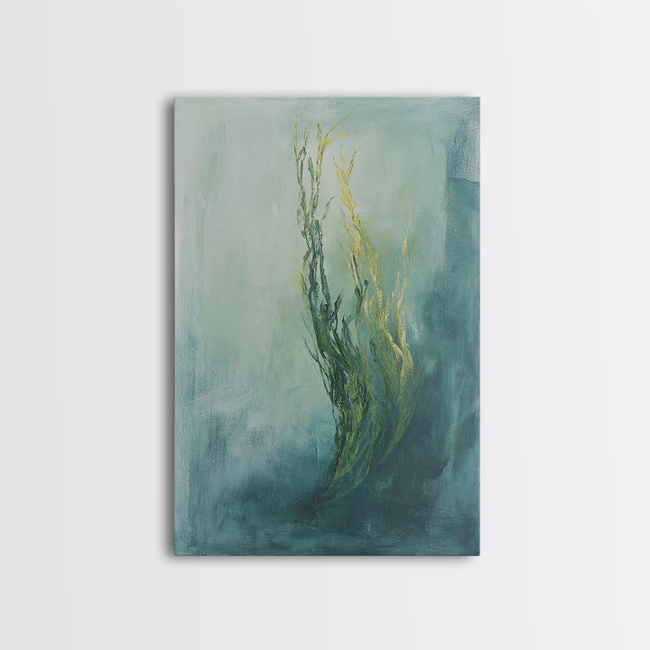 Abstract Seaweed Framed Canvas Print Minimalist Ocean Art, Coastal Botanical Wall Decor, Blue Green Seaside Painting, Serene Home Style