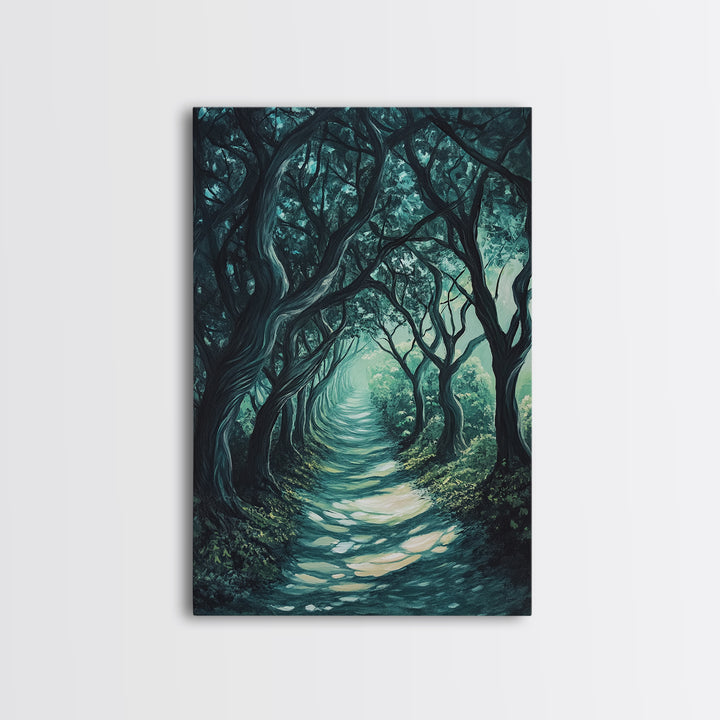 Mystical Tree Tunnel Framed Canvas Print Enchanted Forest Art, Fantasy Landscape, Dark Green Nature Decor, Living Room Wall Art