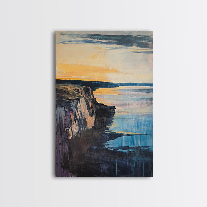 Dramatic Cliff Sunset Canvas Print Coastal Landscape Wall Art, Ocean Sunset Painting, Modern Beach Decor, Bedroom Aesthetic
