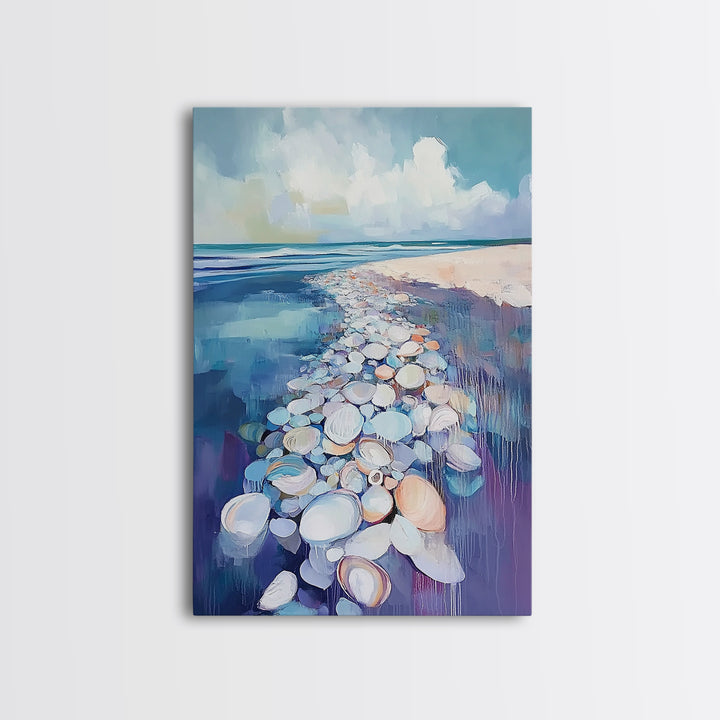 Coastal Shell Path Framed Canvas Print Beach House Decor, Nautical Ocean Art, Seaside Aesthetic, Living Room Coastal Wall Art