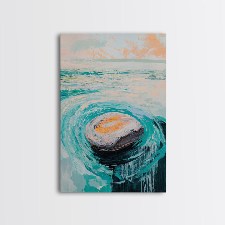 Ocean Rock Waves Canvas Print Coastal Wall Art, Beach House Decor, Abstract Seascape Painting, Nautical Art, Modern Minimalist Art