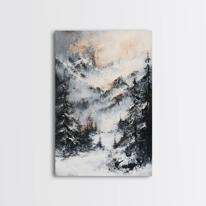Snowy Mountain Scene Canvas Print Winter Wonderland Wall Art, Alpine Landscape Painting, Cozy Cabin Decor, Neutral Holiday Artwork