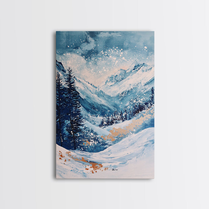 Blue Winter Wonderland Canvas Print Snowy Mountain Art, Nordic Landscape Painting, Ski Lodge Wall Decor, Christmas Holiday Artwork