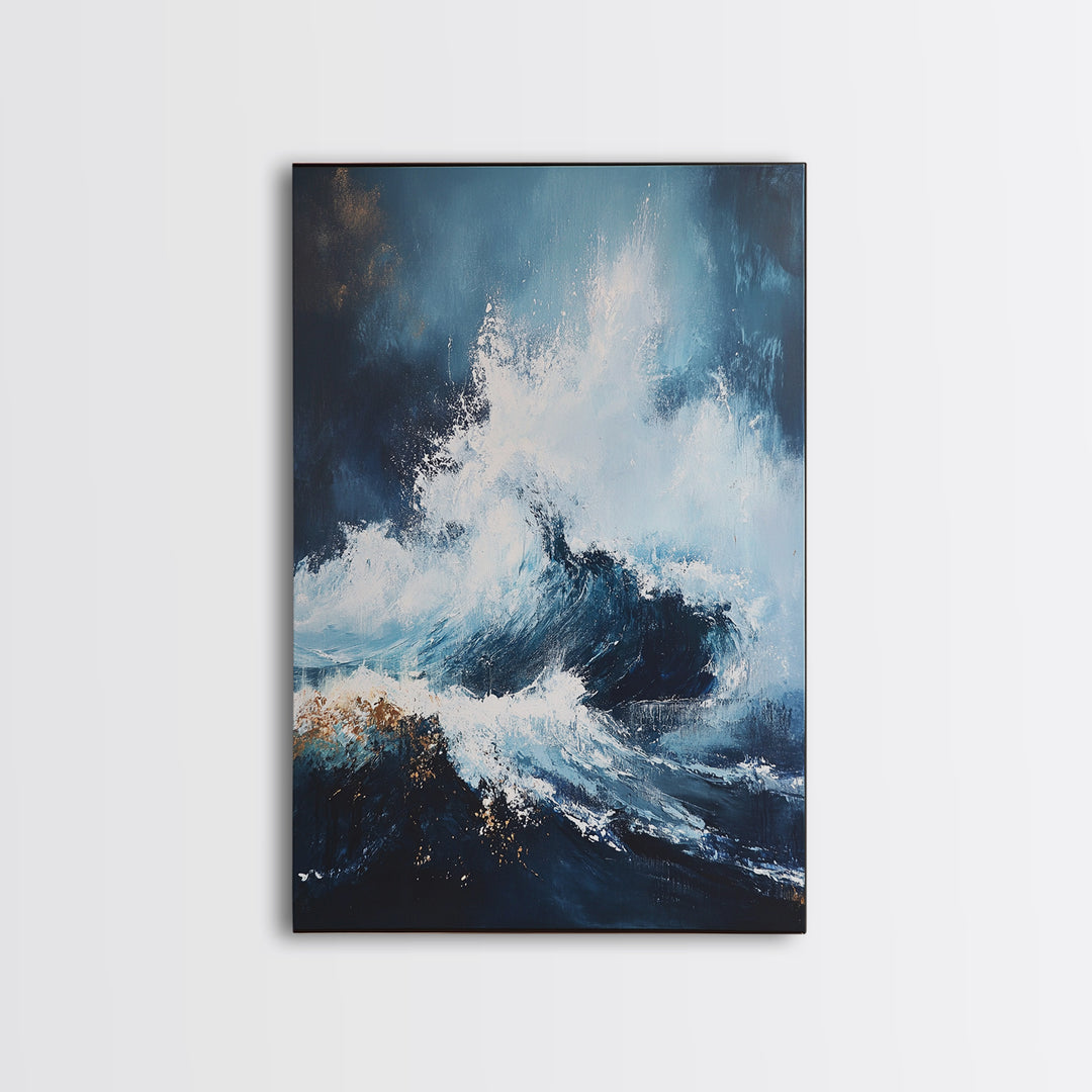 Ocean Wave Power Framed Canvas Print, Coastal Wall Art, Abstract Seascape Painting, Nautical Decor, Beach House Art, Modern Ocean Art