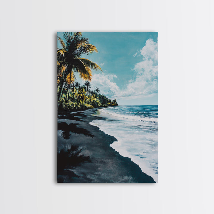 Black Sand Beach, Hawaii Art, Palm Tree Painting, Coastal Wall Art, Nautical Decor, Living Room Art, Canvas Print, Gift Idea