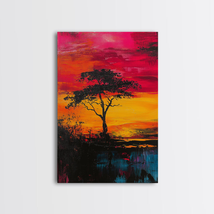 African Sunset Framed Canvas Print | Savanna Landscape Painting | Tree Silhouette Wall Art | Warm Sunset Decor | Rustic Home Art
