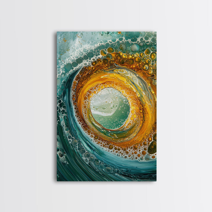 Ocean Wave Swirl Canvas Print | Abstract Beach Wall Art | Turquoise Gold Painting | Coastal Home Decor | Surfer Wall Art