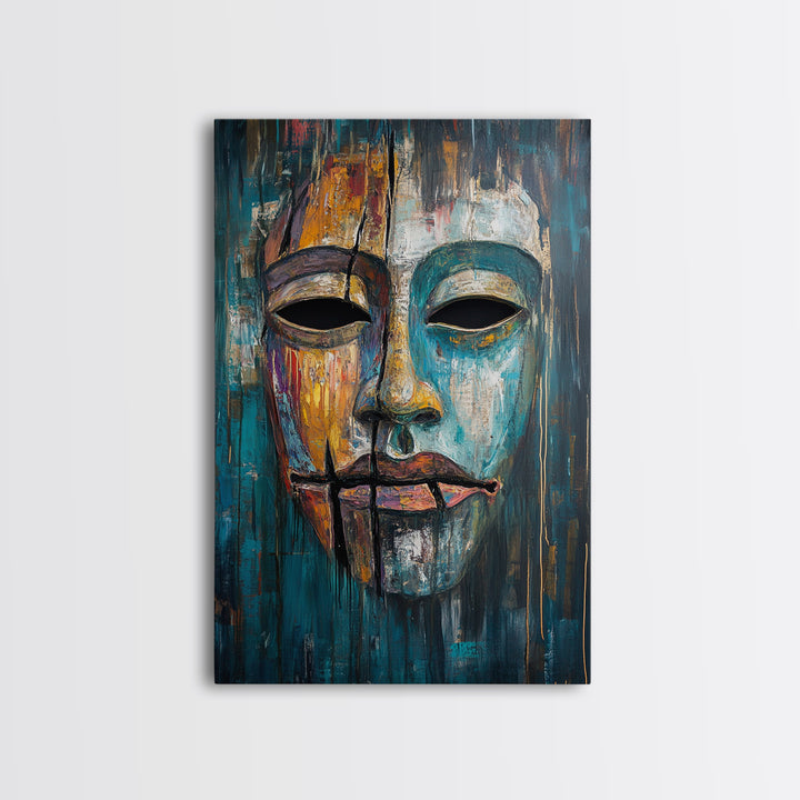 Abstract Mask Art Framed Canvas Print Ethnic Wall Decor Tribal Face Artwork Modern Expressionist Painting Boho Home Aesthetic Living Room