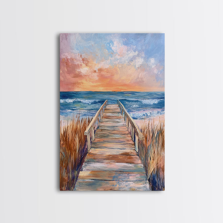 Coastal Sunset, Beach Boardwalk, Seascape Painting, Nautical Wall Art, Coastal Decor, Living Room Art, Canvas Print, Gift Idea