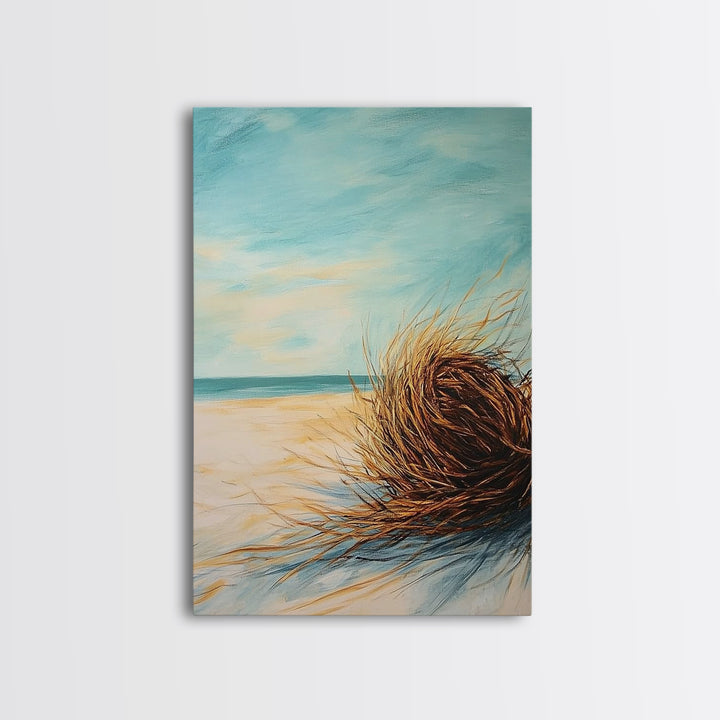 Beach Tumbleweed Painting Framed Canvas Print Coastal Wall Art Ocean Sand Decor Minimalist Art Boho Beach House Wall Accent