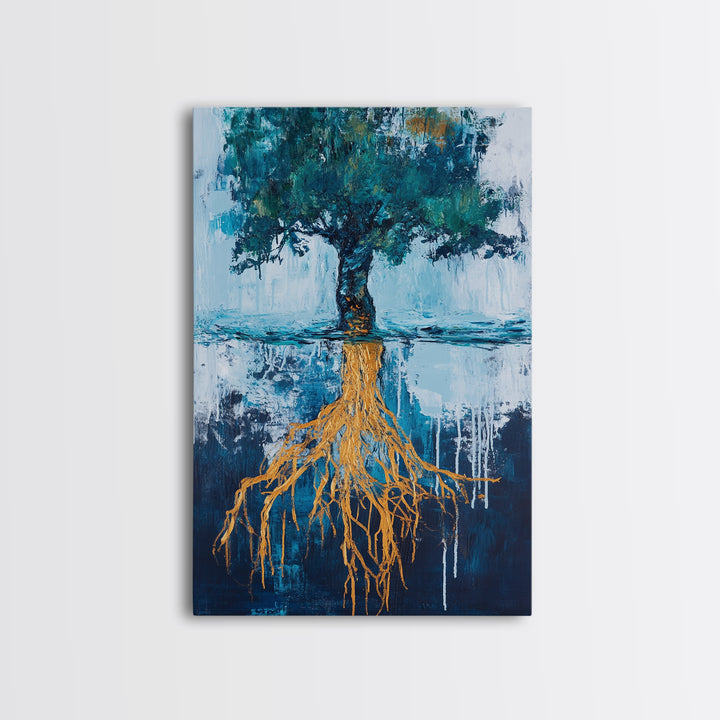 Tree With Golden Roots Canvas Print Surreal Nature Wall Art Abstract Landscape Painting Living Room Decor Earth Tones Artwork
