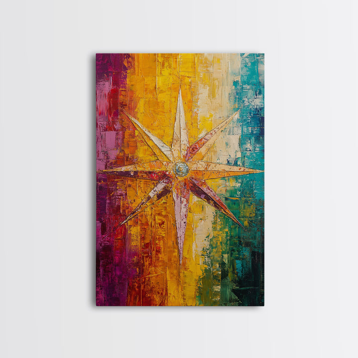 Compass Star Canvas Print Rustic Nautical Wall Art Adventure Decor Travel Lovers Gift Vibrant Abstract Living Room Artwork