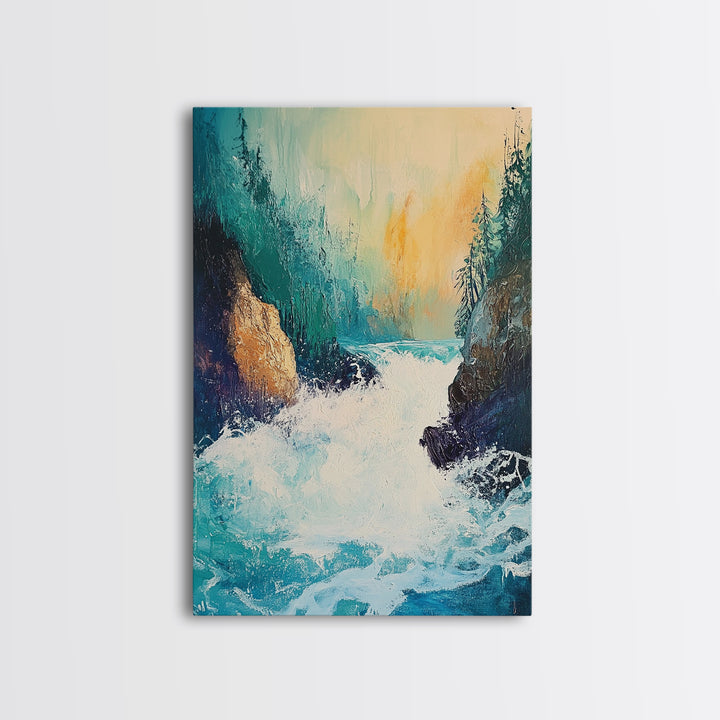 Rushing Waterfall Framed Canvas Print Nature Landscape Wall Art, Wilderness River Painting, Cabin Art, Mountain Stream Artwork