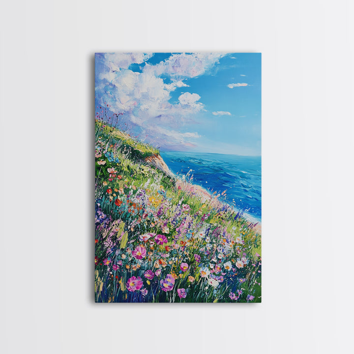 Ocean Cliffside Flowers Framed Canvas Print Coastal Landscape Wall Art, Wildflower Meadow Painting, Beach House Art, Seaside Decor