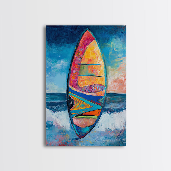 Colorful Surfboard Canvas Print Beach House Wall Art, Ocean Wave Painting, Coastal Decor, Tropical Art, Nautical Living Room Artwork