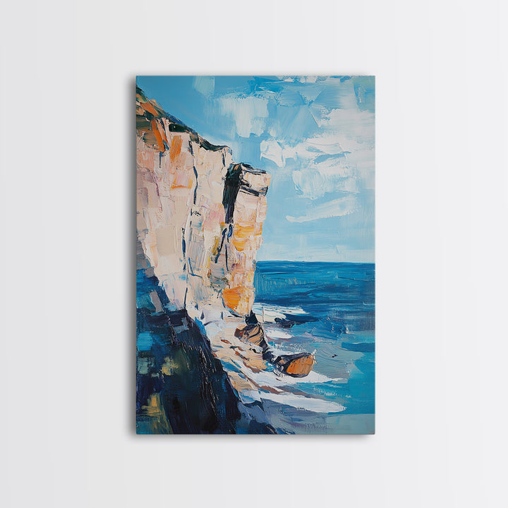 Coastal Cliff Art Framed Canvas Print | Beach Wall Decor | Ocean Landscape Painting | Seaside Home Art | Nautical Wall Art