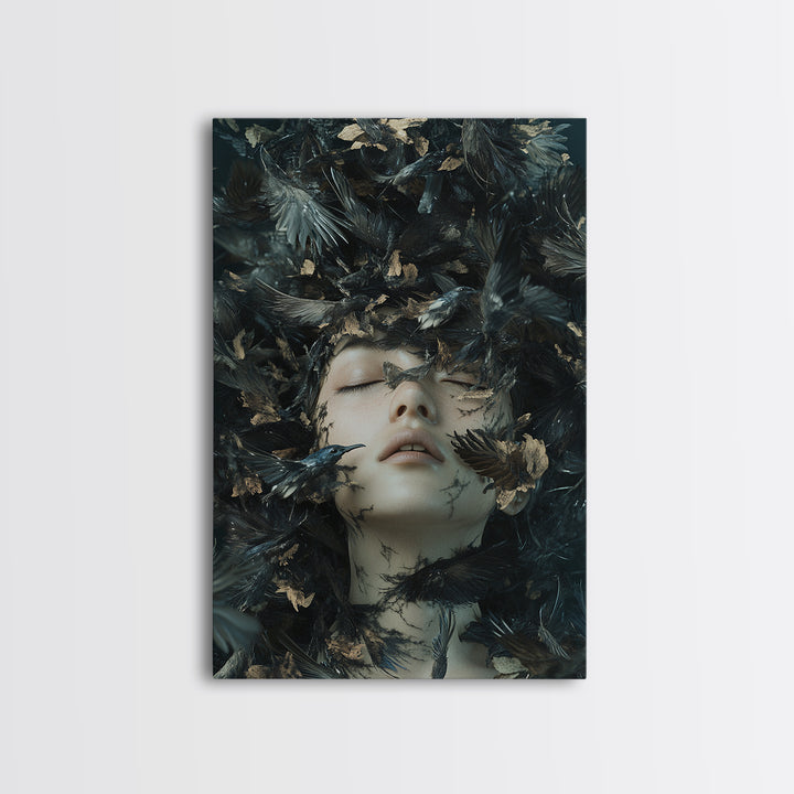 Dark Mystic Bird Canvas Print - Surreal Gothic Art, Moody Wall Decor, Dramatic Dreamscape Painting, Black Feather Fantasy Artwork