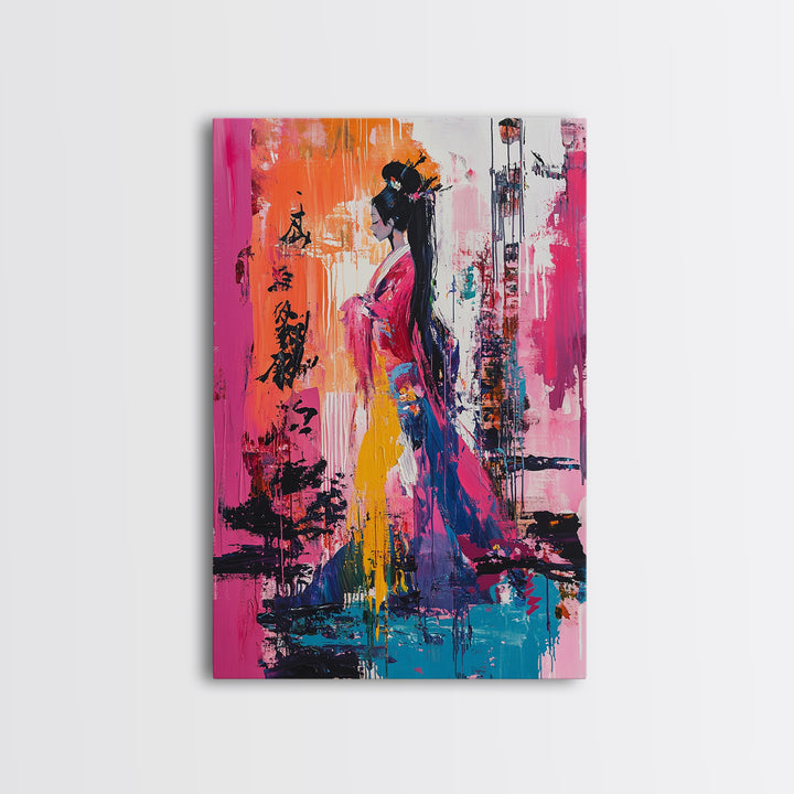 Abstract Geisha, Colorful Woman Art, Japanese Painting, Wabi Sabi Art, Boho Art, Pink Wall Art, Framed Canvas Print, Gift Idea