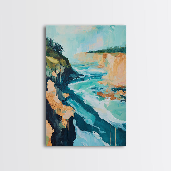 Coastal Cliffs, Nautical Painting, Seascape Painting, Rustic Decor, Extra Wide Art, Above Bed Wall Art, Framed Canvas Print
