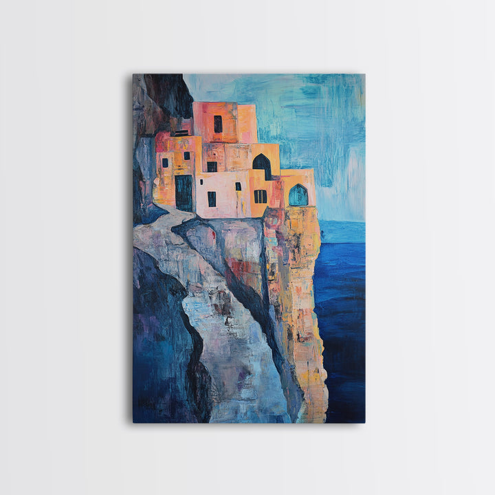 Cliffside Village, Mediterranean Art, Coastal Wall Art, Seascape Painting, Boho Art, Rustic Wall Art, Framed Canvas Print