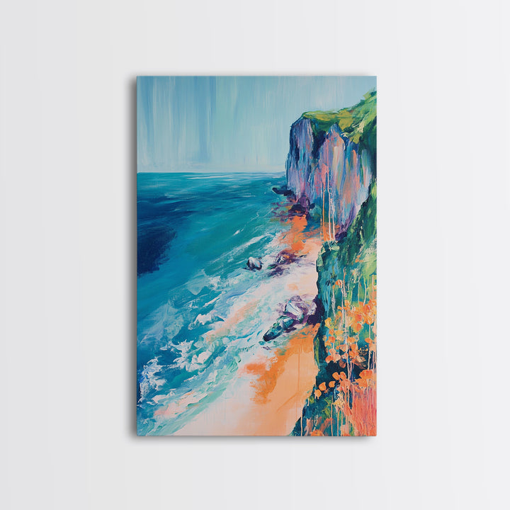Ocean Cliffs, Coastal Decor, Nautical Wall Art, Landscape Painting, Seascape Painting, California Poppy Art, Canvas Print