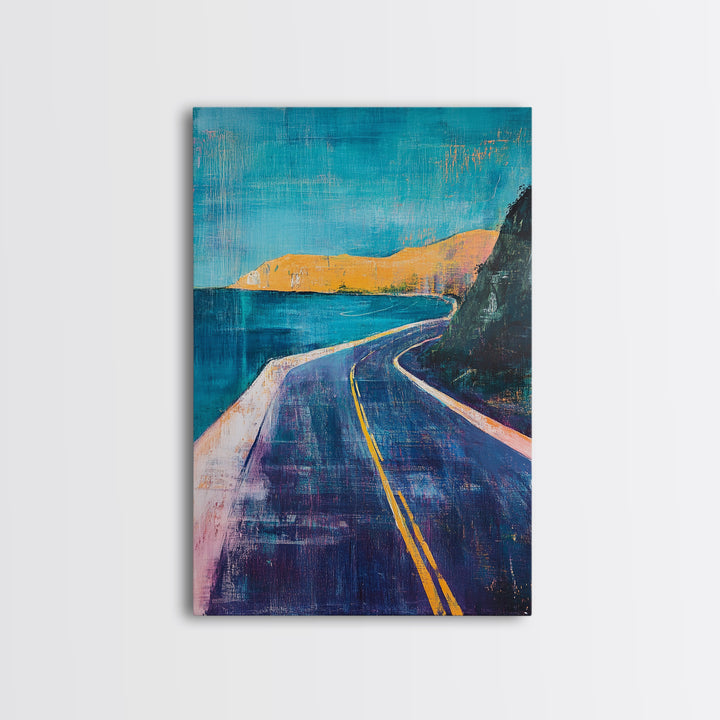 Coastal Highway, surf wall art, coastal decor, scenic road painting, living room art, minimalist art, Framed Canvas Print, gift idea