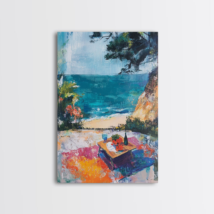 Beach Picnic, coastal cowgirl wall art, nautical decor, food review kitchen art, ocean view, tropical art, Framed Canvas Print, gift idea