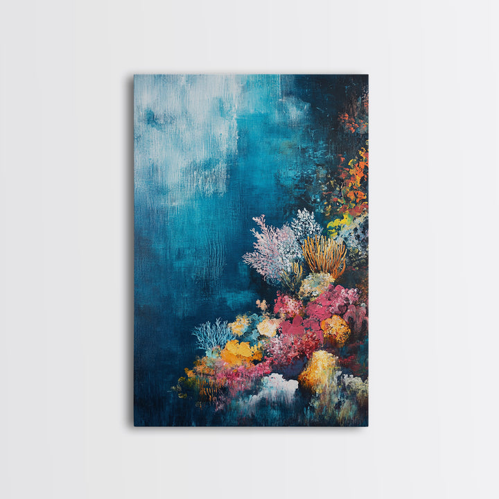 Deep Sea Coral, ocean painting, nautical decor, coastal wall art, blue and green wall art, above sofa art, Framed Canvas Print, gift idea