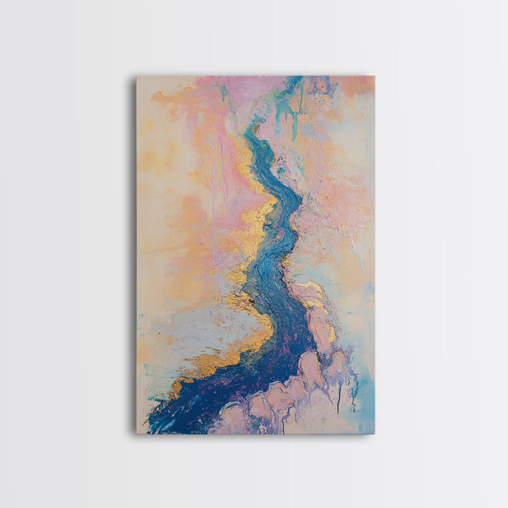 River Gold, gemstone painting, abstract landscape painting, pastel wall art, wabi sabi wall art, Framed Canvas Print, gift idea for her