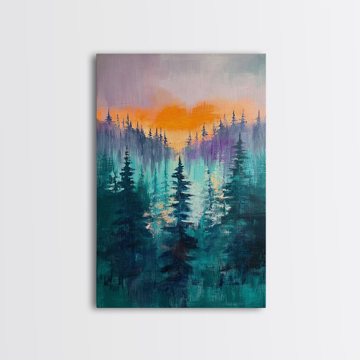 pine tree art, landscape painting, framed canvas print, mountain painting, forest at dusk painting, rustic wall art, gift idea