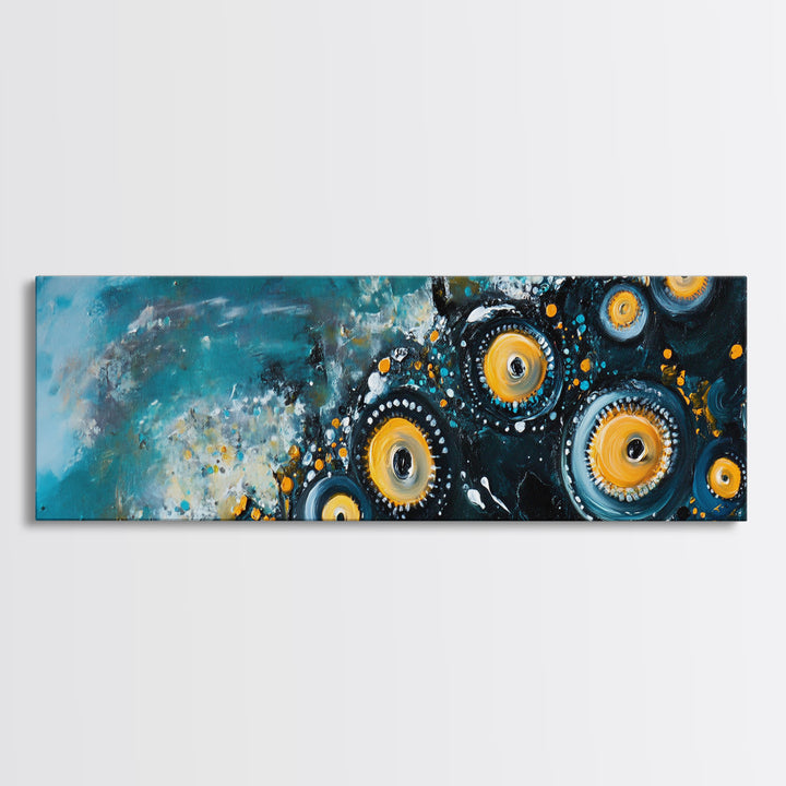 Abstract Cosmic Eye Painting, Modern Celestial Art, Blue and Gold Surreal Wall Decor, Unique Living Room, Framed Canvas Print