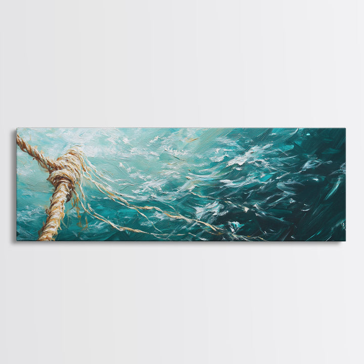 Ocean Rope Waves Canvas Print Nautical Wall Art Beach House Decor Coastal Blue Artwork Framed Seascape Living Room Wall Art