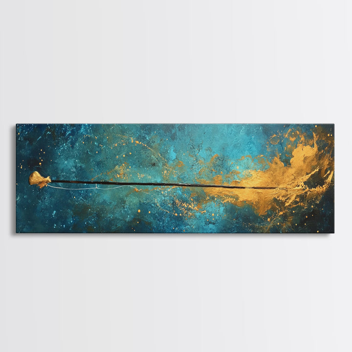 Cosmic Fishing Line Canvas Print Abstract Space Wall Art Gold and Blue Modern Artwork Celestial Decor Living Room Framed Art