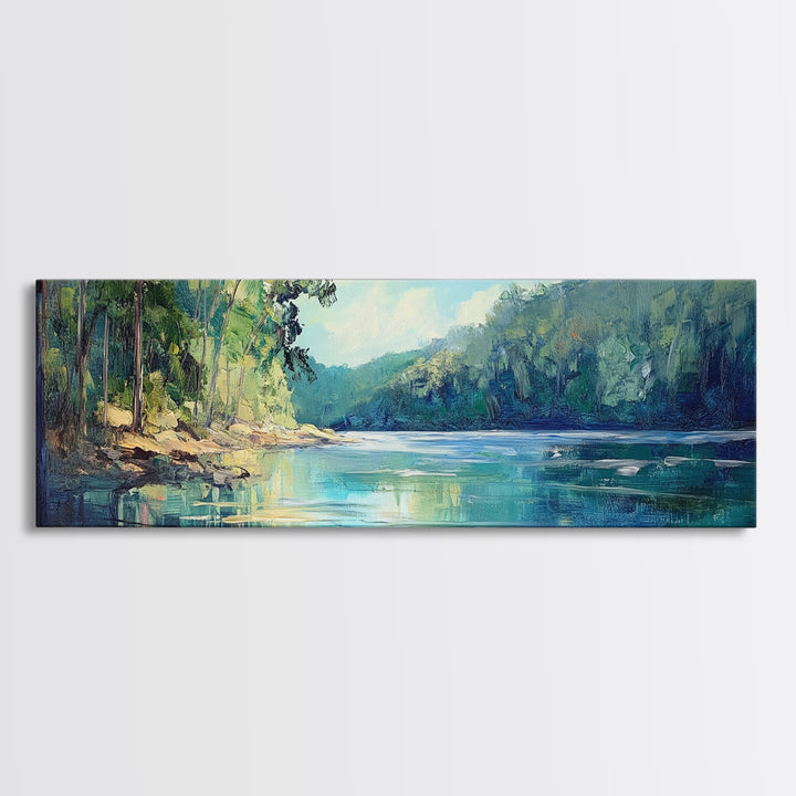 River Valley Framed Canvas Print Tranquil Nature Wall Art, Lush Green Landscape, Summer Cabin Artwork, Rustic Living Room Decor