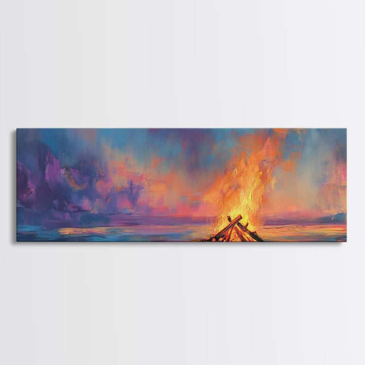 Beach Bonfire Sunset Painting, Vibrant Coastal Seascape Art, Ocean Night Sky Wall Decor, Warm Living Room, Framed Canvas Print