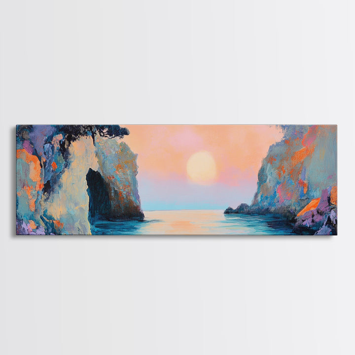 Romantic Sunset Bay Framed Canvas Print Coastal Landscape Wall Art Pastel Tones Boho Home Decor Bedroom Living Room Gift