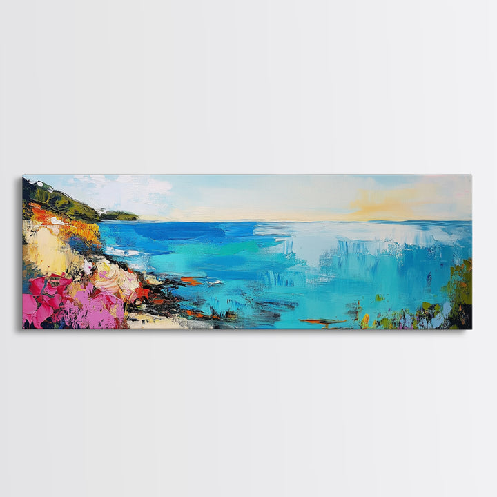 Coastal Cliffside Beauty Framed Canvas Print Impressionist Ocean Wall Art Vibrant Seaside Home Decor Living Room Gift
