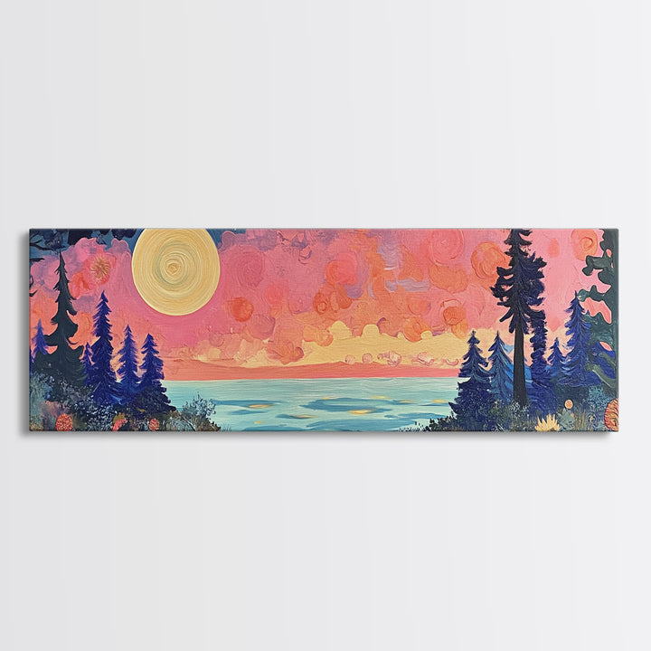 Mystical Moonlight Landscape Framed Canvas Print, Dreamy Forest Art, Boho Sunset Wall Art, Celestial Painting, Living Room Decor