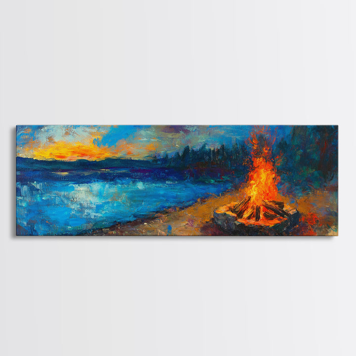 Cozy Campfire Night Painting, Rustic Cabin Decor, Warm Autumn Wall Art, Outdoor Adventure Art, Living Room Wall Art