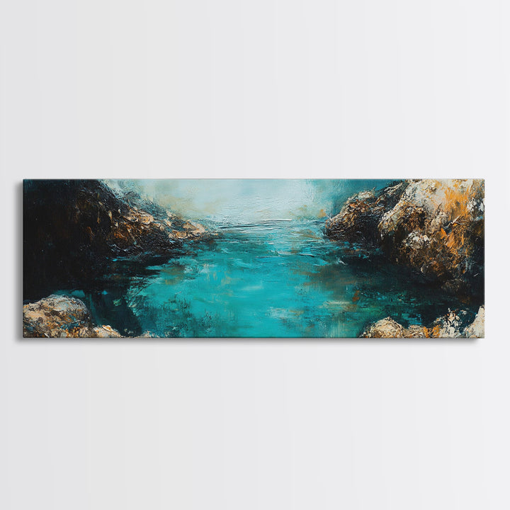 Rocky Cove Ocean Art Framed Canvas Print Textured Seascape Wall Decor Coastal Home Accent Nautical Painting Bedroom or Living Room Gift